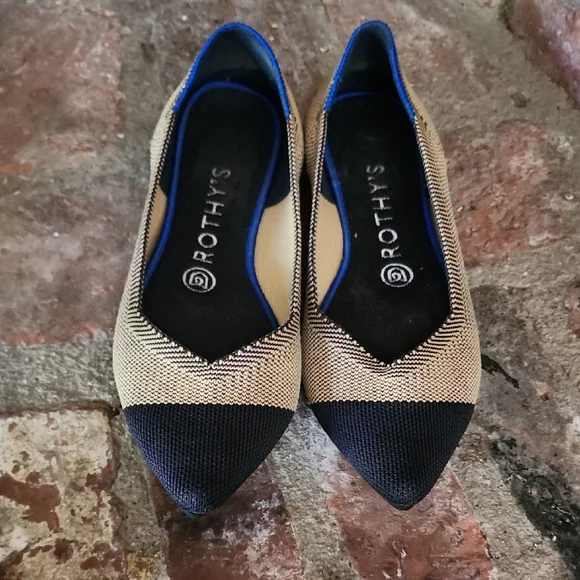 Rothy’s The Point Cap Toe Flats Size 8 Tan Black Knit Washable Work Chic - Picture 4 of 9